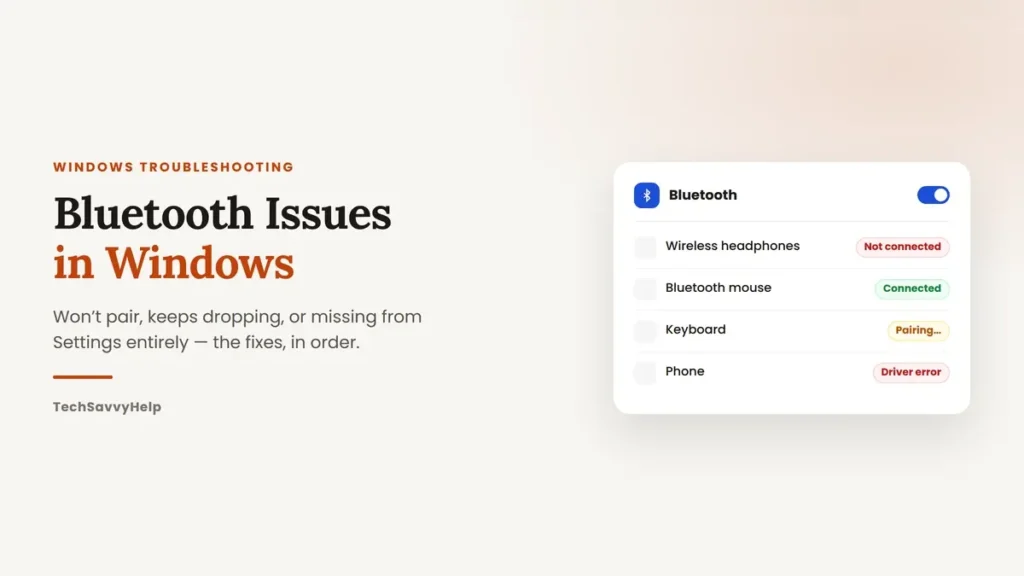 Bluetooth device list in Windows showing connected, pairing and driver error states
