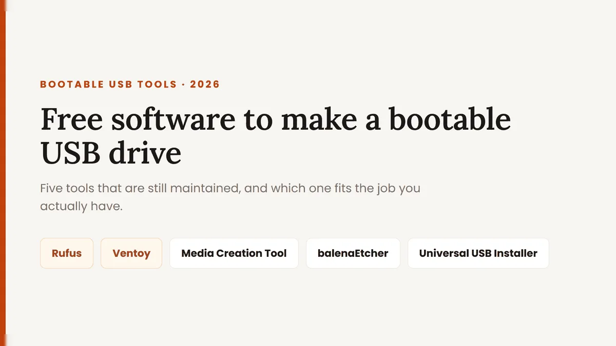 Free software to make a bootable USB drive in 2026: Rufus, Ventoy, Media Creation Tool, balenaEtcher and Universal USB Installer
