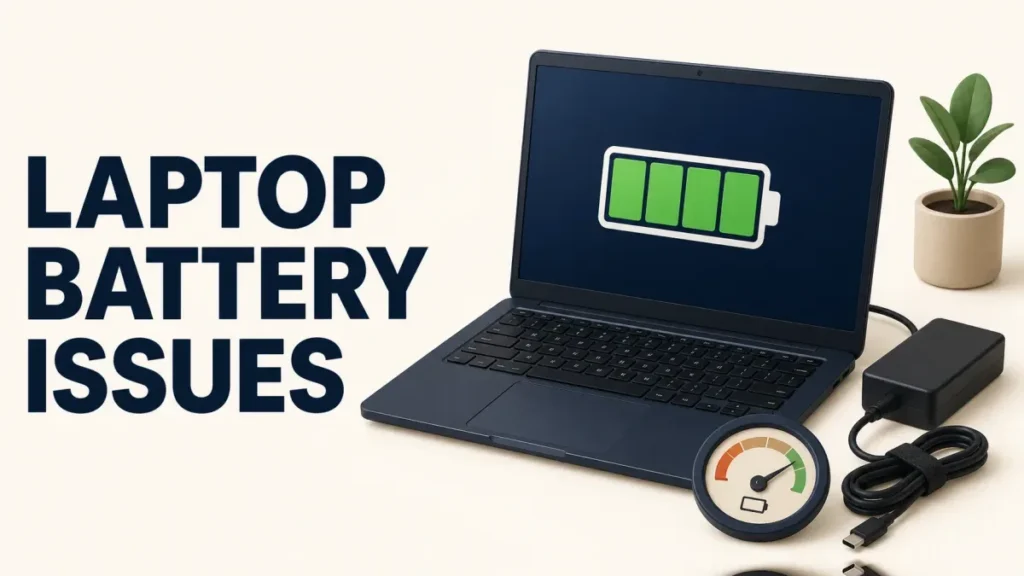 laptop battery issues featured 16x9 Laptop battery issues shown with a battery status display, charger and diagnostic gauge