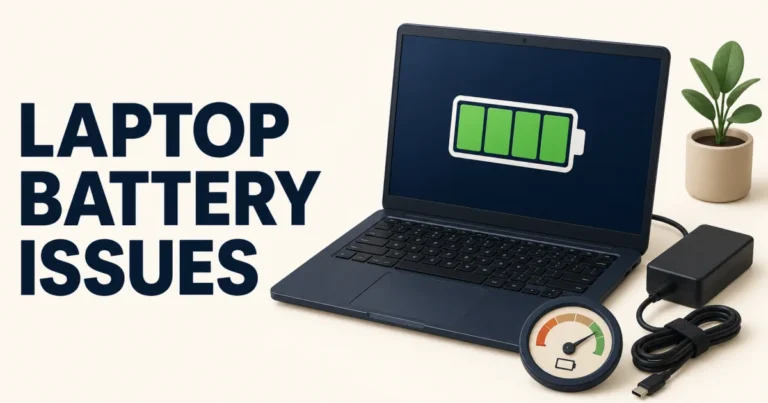 laptop battery issues featured Laptop battery issues shown with a battery status display, charger and diagnostic gauge