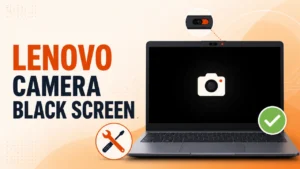 Lenovo IdeaPad camera showing a black screen with privacy shutter and troubleshooting symbols