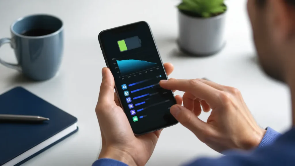 Mobile battery usage dashboard showing battery health graph and power consumption