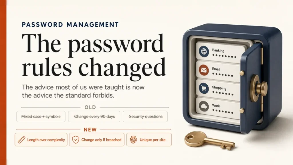 Password management best practices: length over complexity, no forced resets, and a manager holding unique passwords