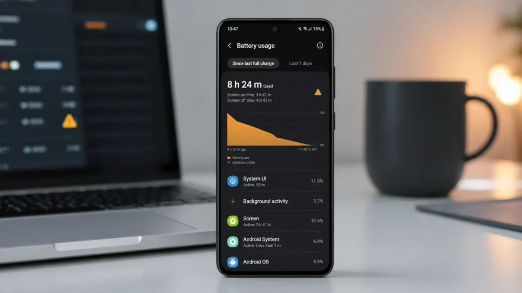 Samsung One UI battery usage screen showing rapid battery drain