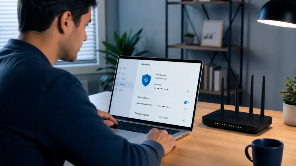 Securing Wi-Fi router settings with a strong password guest network and firmware updates