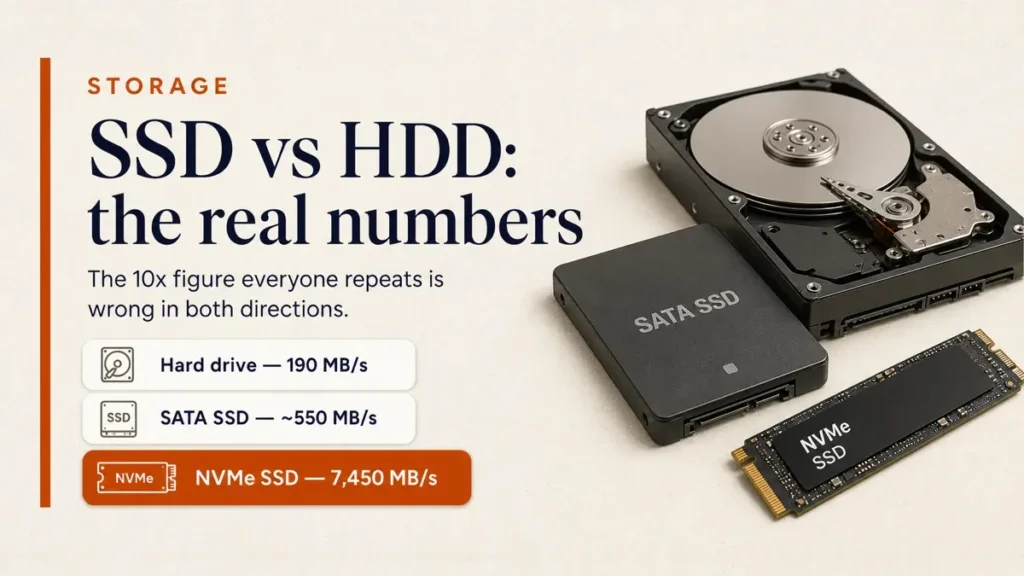 ssd vs hdd featured 16x9 SSD vs HDD speed compared using manufacturer figures: 190 MB/s for a hard drive against 7,450 MB/s for an NVMe SSD