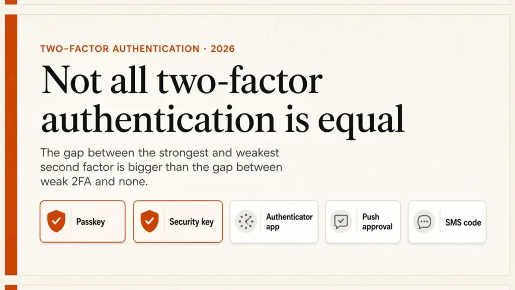 Two-factor authentication methods ranked from phishing-resistant passkeys and security keys down to SMS codes