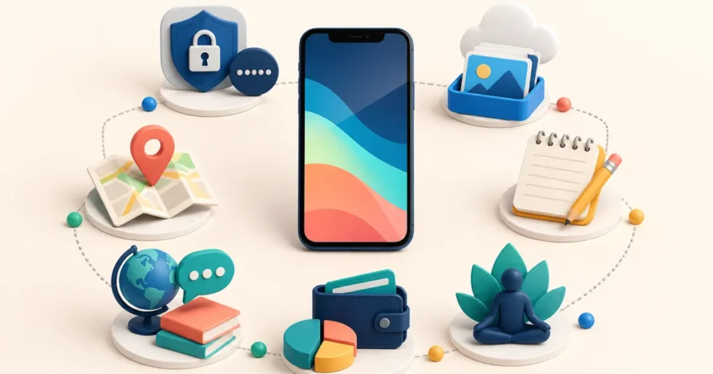 Smartphone surrounded by useful everyday mobile app categories