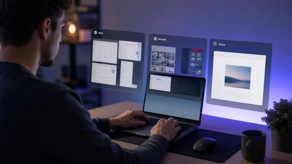 Virtual desktops workflow separating work personal tasks and focused study