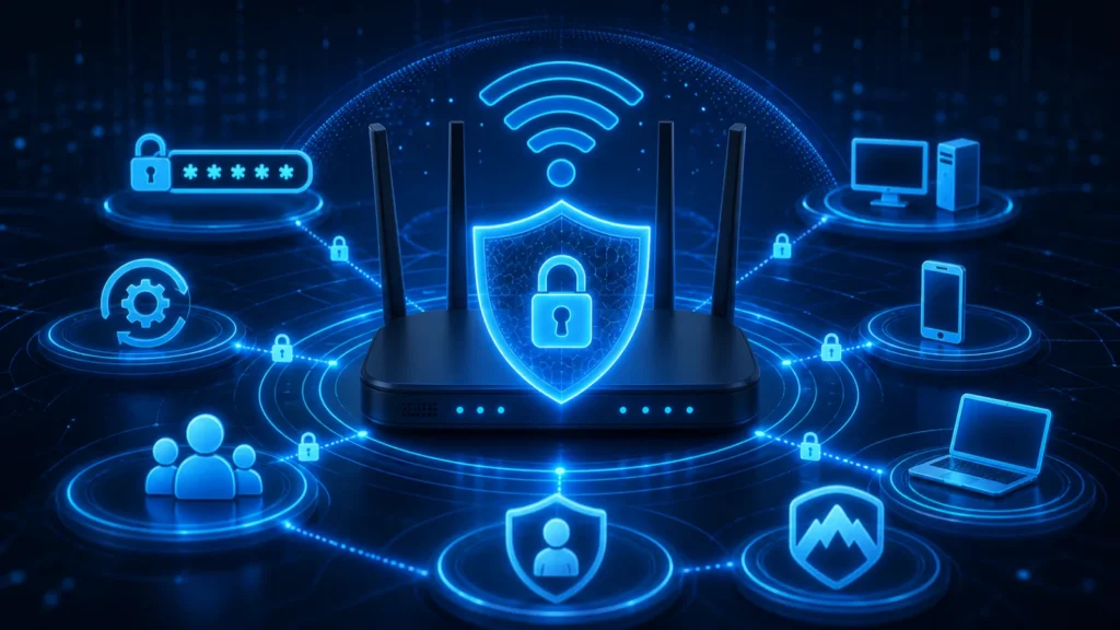 Protected Wi-Fi network with encryption secure devices and router safeguards