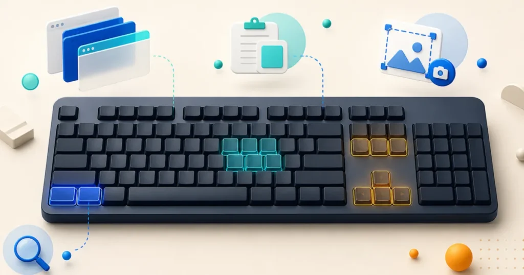 Keyboard highlighting useful shortcut groups for Windows productivity