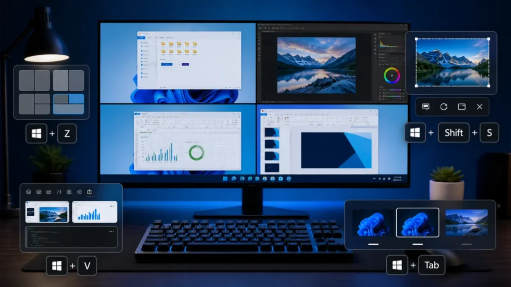 windows shortcuts snap screenshot clipboard Windows shortcuts for Snap Layouts screenshots clipboard history and virtual desktops