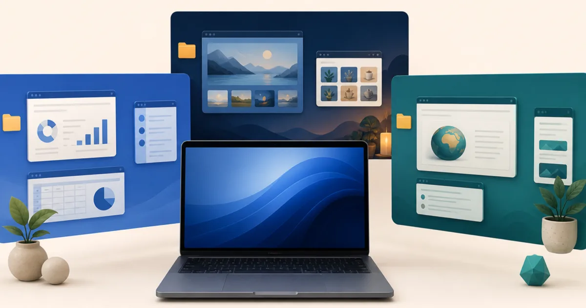 Laptop displaying multiple organized virtual desktop workspaces