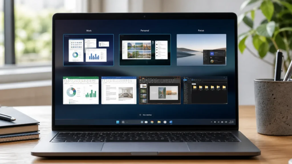 Windows virtual desktops Task View with work personal and focus desktops
