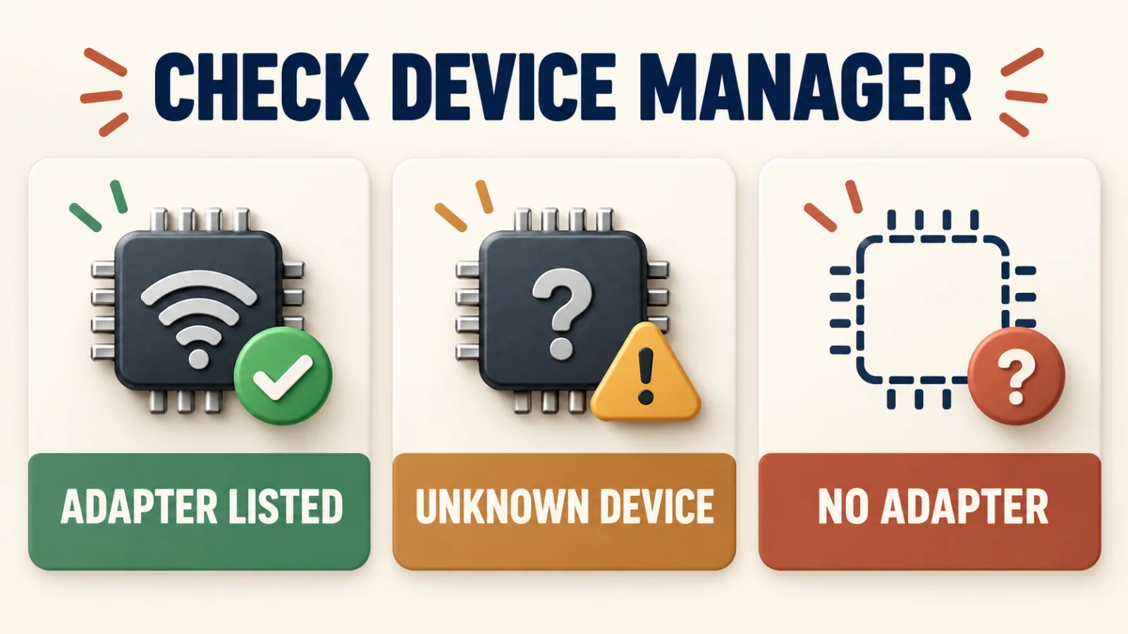 check device manager Wireless adapter disappeared: check Device Manager for a listed, unknown or missing adapter