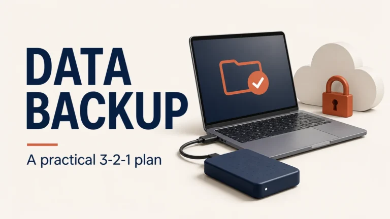 Data backup plan illustrated with a laptop, external drive, and secure cloud storage