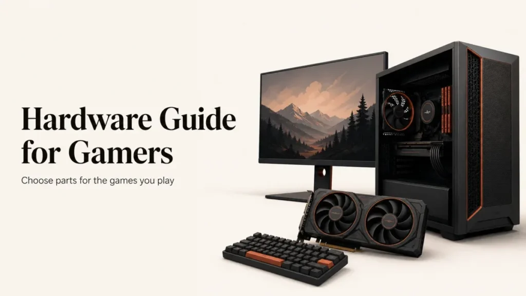 hardware guide for gamers 16x9 Hardware guide for gamers showing a desktop PC, monitor, graphics card and keyboard