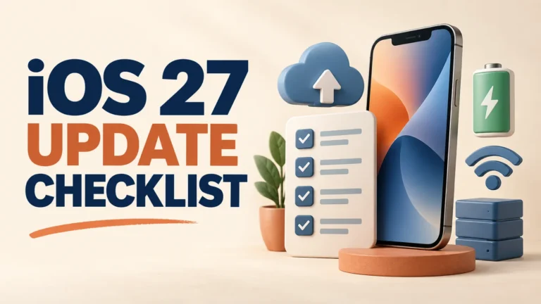iOS 27 update checklist with backup, storage, Wi-Fi, and power symbols