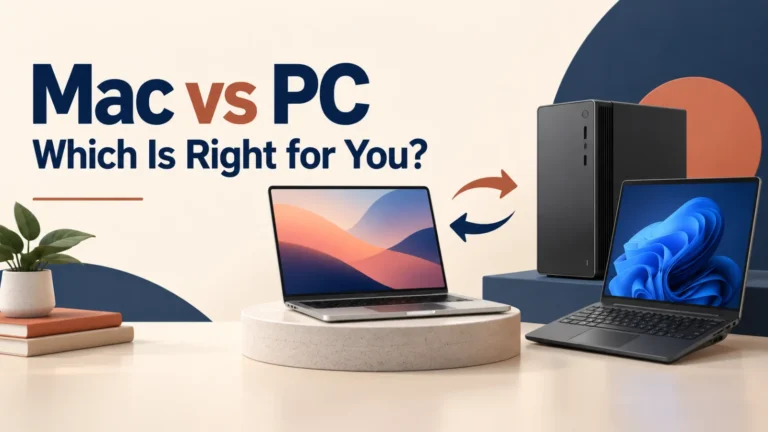 Mac vs PC comparison showing a Mac laptop alongside a Windows laptop and desktop tower