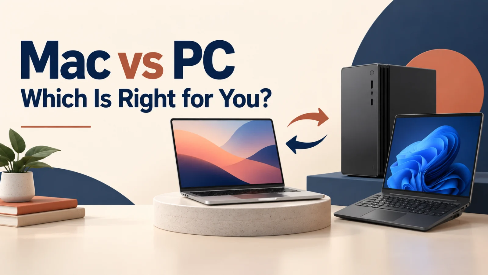 mac vs pc featured Mac vs PC comparison showing a Mac laptop alongside a Windows laptop and desktop tower