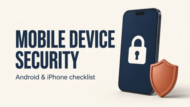 Mobile device security guide for Android and iPhone, illustrated by a phone with a lock and shield