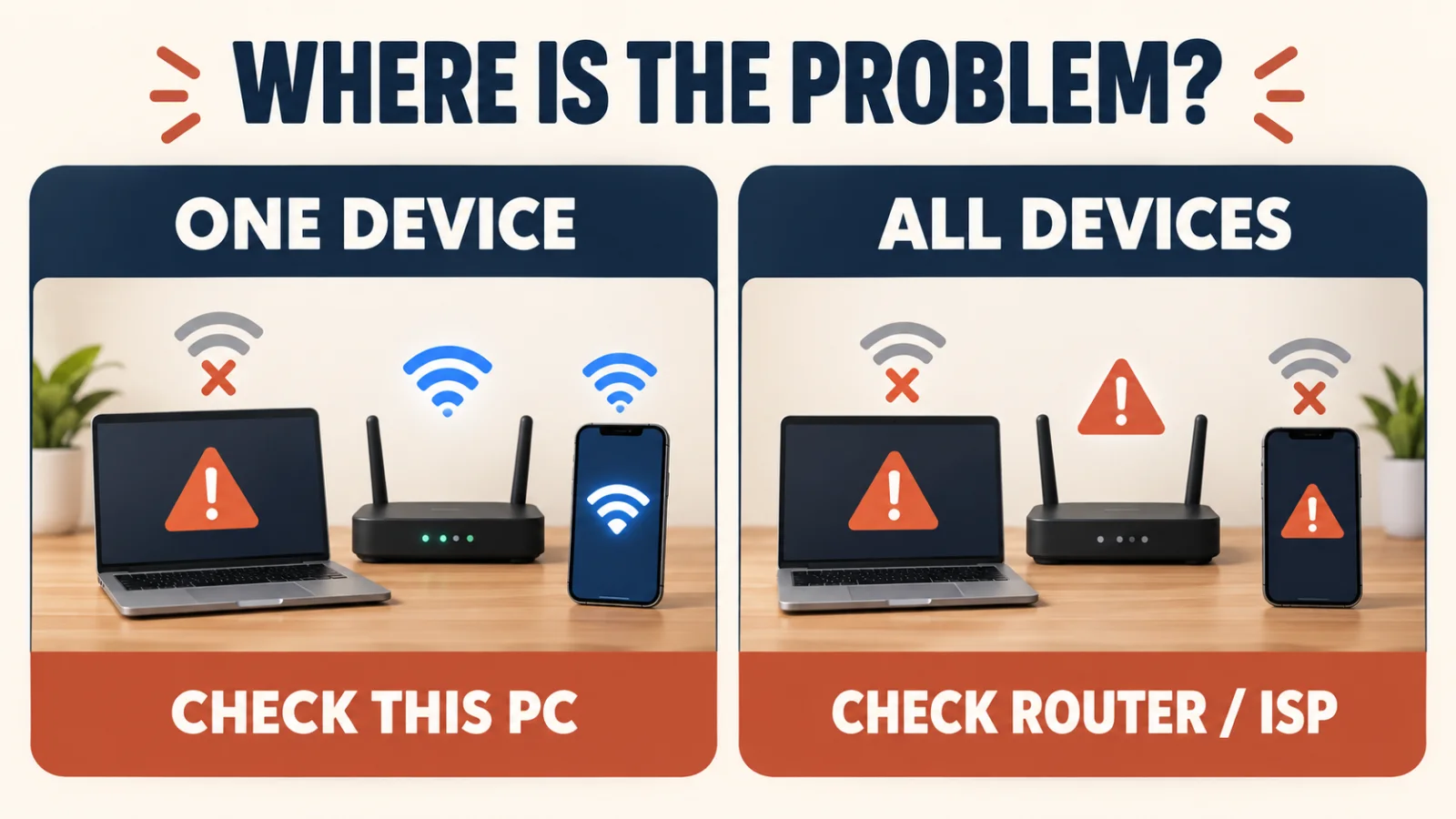 Wifi connected but no internet: compare one device offline with all devices offline