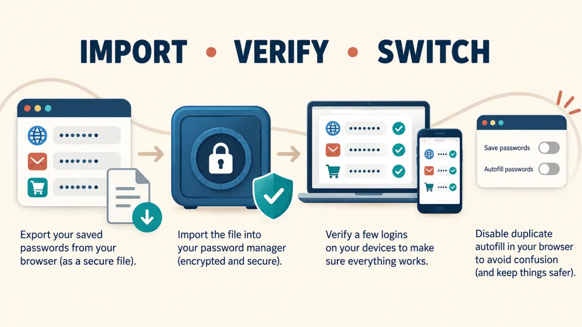 password manager migration Import verify and switch from browser passwords to a password manager
