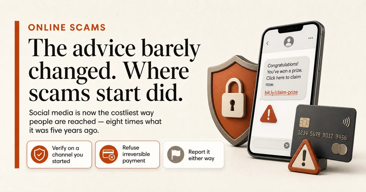 protect yourself online scams featured Online scam warning showing social media messages, irreversible payments and reporting steps