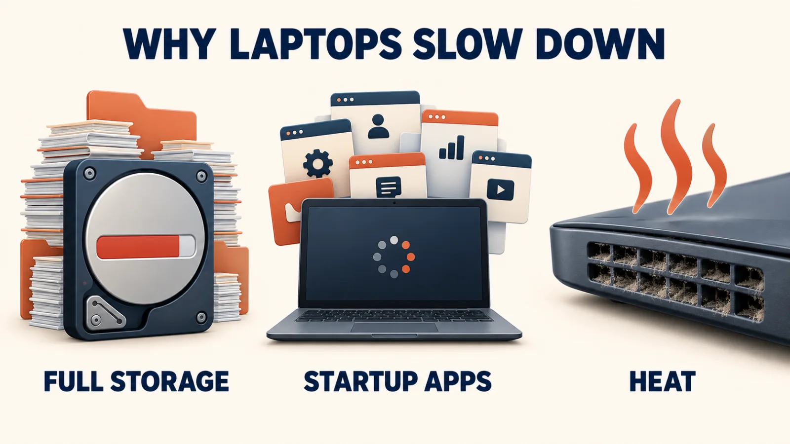 why laptops slow down Full storage, startup apps and heat are common causes of a slow laptop