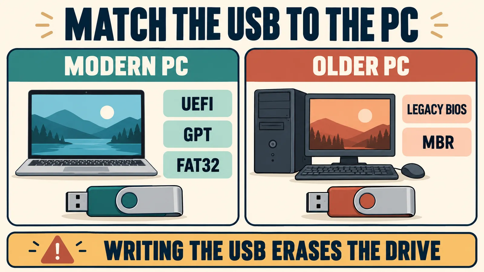 Bootable USB settings for modern UEFI GPT PCs and older legacy BIOS MBR PCs
