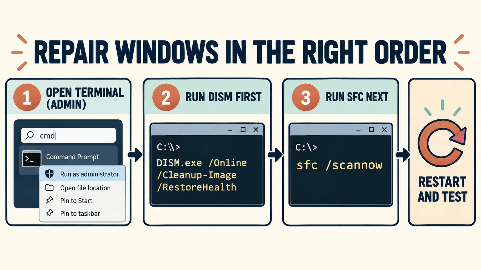 Windows error repair order using DISM first and SFC second