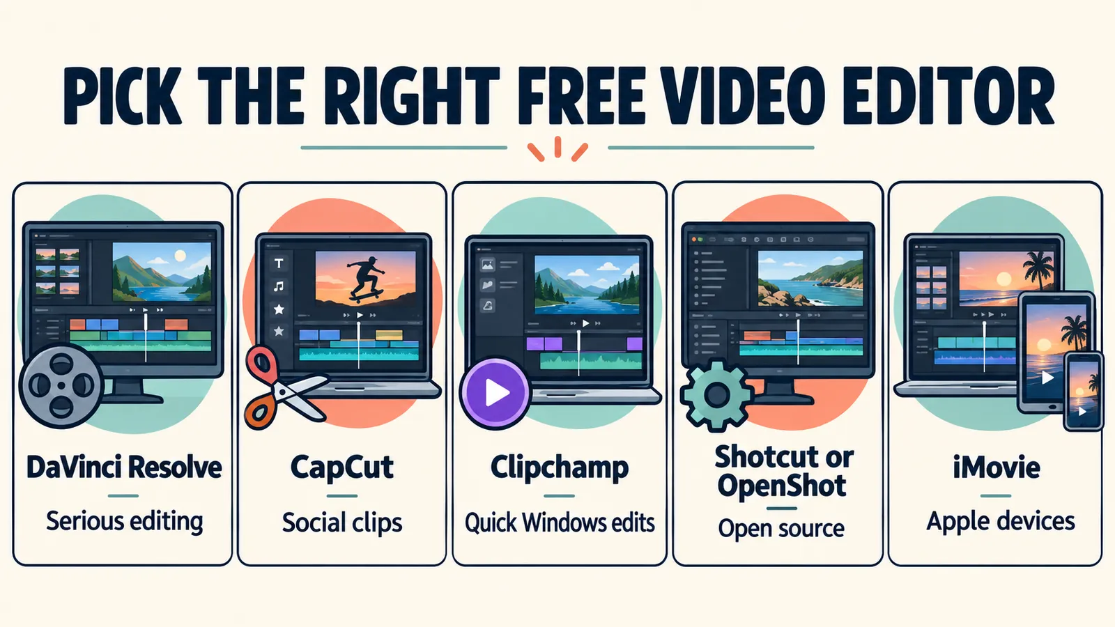 free video editor chooser inline Free video editing software chooser for serious editing social clips Windows open source and Apple devices