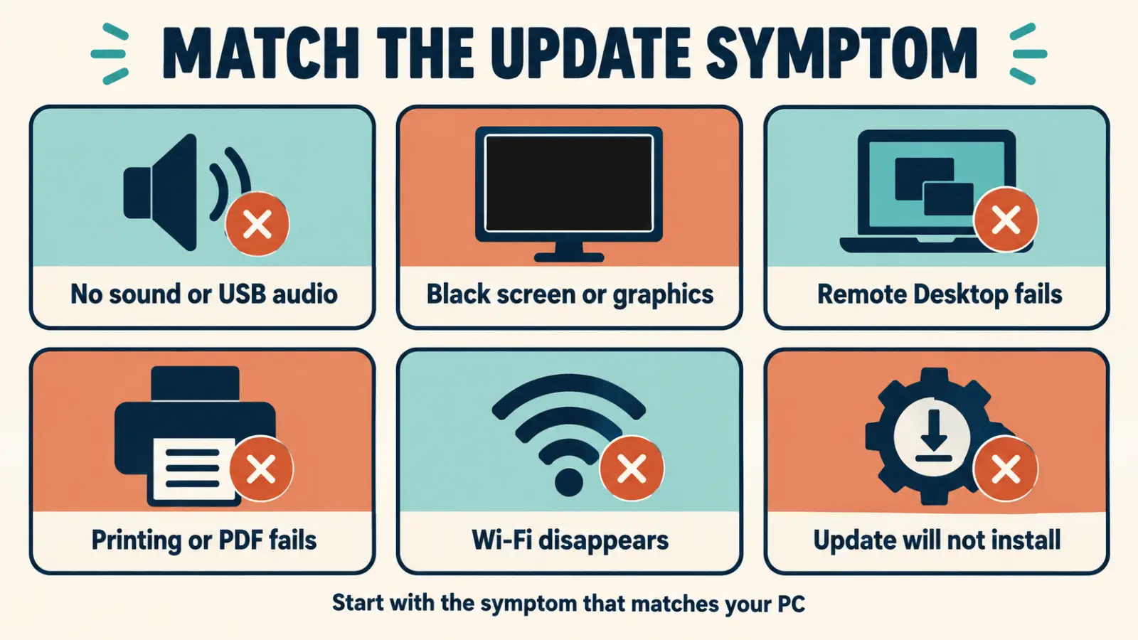match windows update symptom inline Match common Windows 11 update problems to the affected symptom