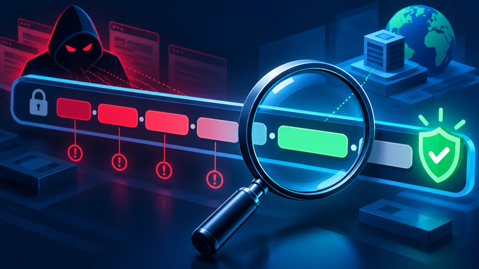 Magnifying glass identifying the real domain within a suspicious web address