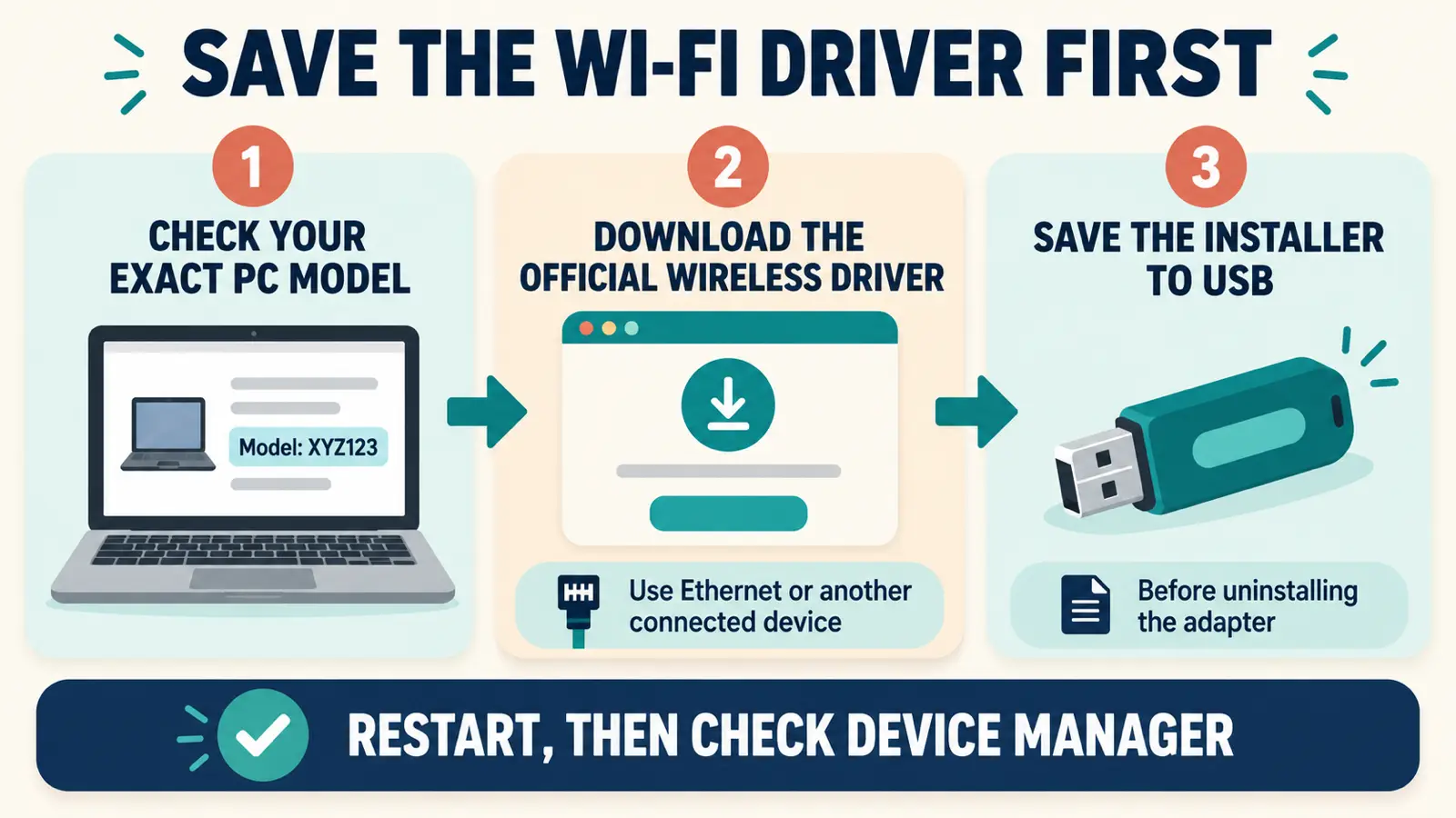 save wifi driver first inline Save the Wi-Fi driver installer before reinstalling a missing wireless adapter in Windows