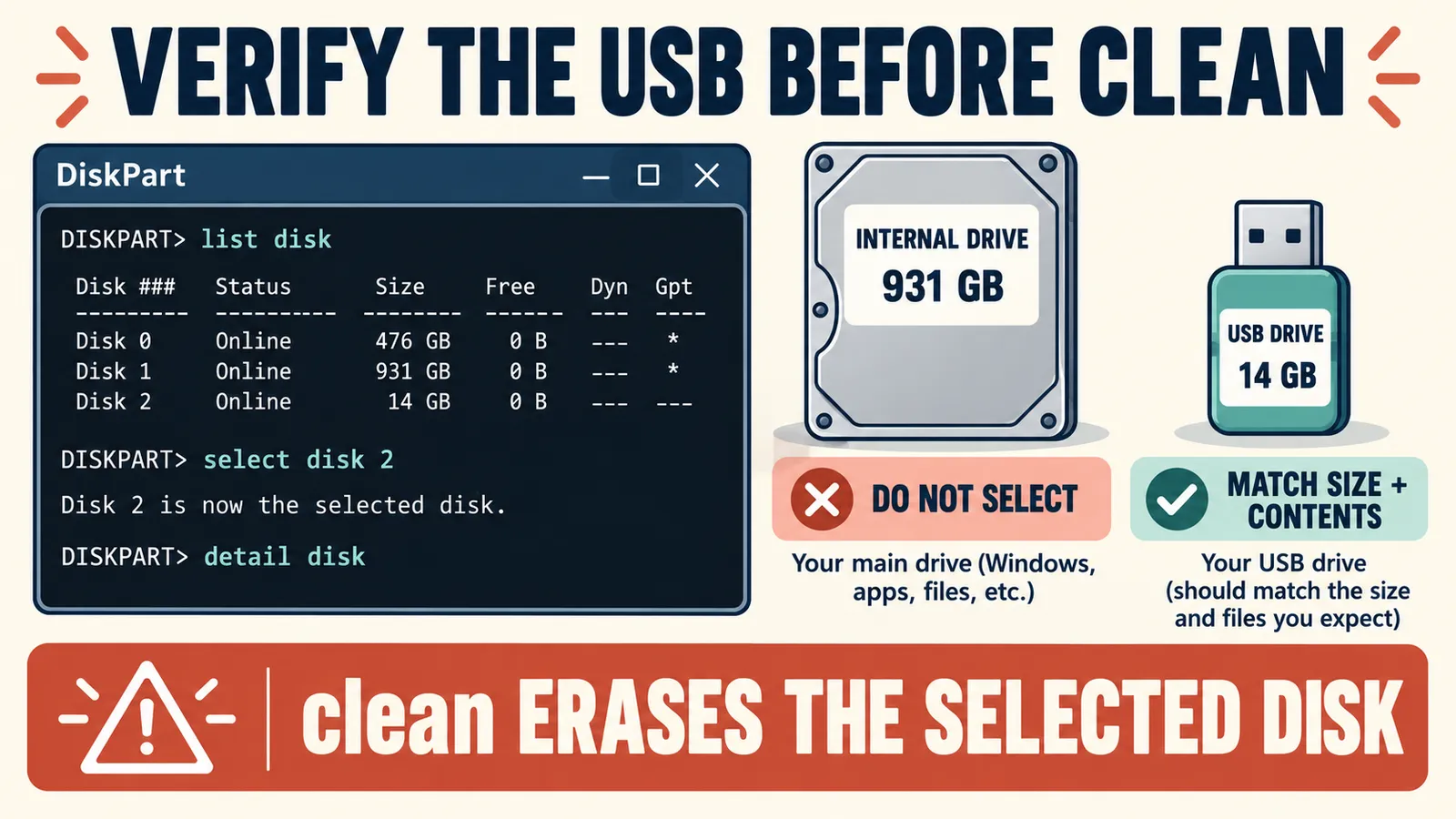verify usb before diskpart clean inline DiskPart safety check to verify the USB drive before running clean